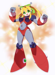 absurdres antennae armor armored_boots armored_gloves arms_up bikini_armor blonde_hair blue_eyes blurry blurry_background boots breasts covered_navel green_ribbon hair_ribbon hairband headphones henshin highres hyper_roll_(marvel_vs._capcom) joints kaidou_zx knee_boots knee_pads large_breasts long_hair looking_at_viewer marvel_vs._capcom mechanical_arms mechanical_boots mechanical_legs mega_man_(classic) mega_man_(series) navel ponytail radio_antenna red_armor ribbon robot robot_girl robot_joints roll_(mega_man) shoulder_armor sidelocks simple_background smile sparks transformation white_background