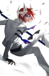 1boy absurdres aotu_world arm_ribbon black_gloves falling_leaves feet_out_of_frame gloves goggles hair_between_eyes headgear highres holding holding_polearm holding_weapon jacket leaf long_sleeves looking_at_viewer looking_back male_focus pants parted_lips pius_(aotu_world) pointy_ears polearm red_hair ribbon scar scar_on_face shirt short_hair simple_background smile solo waterrice11 weapon white_background white_jacket white_pants