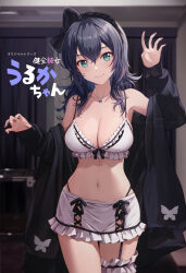 1girl animal_print bikini bikini_skirt black_hair blush breasts bug butterfly butterfly_print cleavage collar frilled_bikini frilled_thigh_strap frills green_eyes hair_between_eyes hair_ornament hair_ribbon highres indoors insect jacket large_breasts legwear_garter long_hair looking_at_viewer navel open_clothes open_jacket original panties ribbon shamakho skirt smile solo swimsuit thigh_strap underwear white_bikini