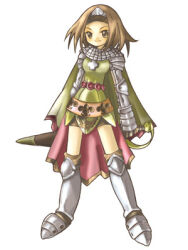 1girl 2000s_(style) armor armored_boots armored_skirt artist_request bad_id boots breastplate brown_eyes brown_hair brown_shorts cape chainmail closed_mouth cross full_body gauntlets holding holding_sword holding_weapon knight_(ragnarok_online) looking_at_viewer lowres official_art pauldrons ragnarok_online red_cape shorts shoulder_armor simple_background smile solo standing sword weapon white_background