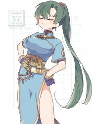 1girl absurdres artist_name blue_dress blush breasts closed_eyes closed_mouth commentary_request dress earrings fire_emblem fire_emblem:_the_blazing_blade gloves green_hair high_ponytail highres jewelry large_breasts long_hair lyn_(fire_emblem) nintendo pelvic_curtain ponytail rope_belt side_slit simple_background smile solo sorane_amus thighs twitter_username very_long_hair watermark white_background