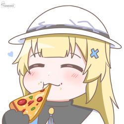 Rule 34 | 1girl, artist logo, artist name, black collar, black gloves, blonde hair, closed eyes, collar, commentary, eating, food, gloves, hair ornament, hat, highres, logo, long hair, phoebe (wuthering waves), pizza, portrait, simple background, solo, symbol-only commentary, tenrino, white background, white hat, wuthering waves, x hair ornament