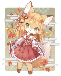 1girl animal_ear_fluff animal_ears bare_shoulders barefoot bell blonde_hair blunt_bangs blush border commentary_request fox_ears fox_girl fox_tail frilled_skirt frilled_sleeves frills full_body furry furry_female green_background green_eyes hair_bell hair_ornament hair_ribbon hakama hakama_skirt highres japanese_clothes kimono leaf_hair_ornament long_hair long_sleeves looking_at_viewer okamori_kuo open_mouth original outside_border red_ribbon red_skirt ribbon skirt sleeveless sleeveless_kimono solo standing tail white_border white_kimono white_sleeves wide_sleeves