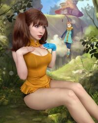 1girl bare_shoulders breasts brown_hair cleavage cosplay cosplay_photo diane_(nanatsu_no_taizai) diane_(nanatsu_no_taizai)_(cosplay) fingerless_gloves gloves king_(nanatsu_no_taizai) lady_pizza_hug large_breasts long_hair nanatsu_no_taizai photo_(medium) real_life shorts single_glove sleeveless thighs twintails