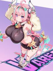 1girl ahoge animal_ears aqua_hair armpits arms_up bare_shoulders bell bell_earrings black_skirt breasts closed_mouth cow_ears cow_girl cow_horns cow_tail detached_sleeves earrings full_body genshin_impact highres horns index_fingers_raised jewelry large_breasts long_hair looking_at_viewer multicolored_hair pink_hair purple_eyes sirachi skirt sleeves_past_wrists smile solo standing streaked_hair tail varesa_(genshin_impact)