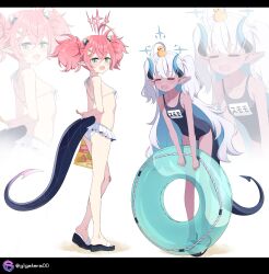 2girls absurdres alternate_costume ass bag_of_chips bare_arms bare_shoulders barefoot bikini black_bikini blue_archive blue_eyes blush breasts closed_mouth collarbone fang full_body giga-tera hair_between_eyes hair_ornament highres horns innertube long_hair looking_at_viewer momoka_(blue_archive) multicolored_hair multiple_girls navel open_mouth pink_hair pointy_ears simple_background small_breasts smile snack standing sumomo_(blue_archive) swim_ring swimsuit tail twintails very_long_hair white_background white_hair