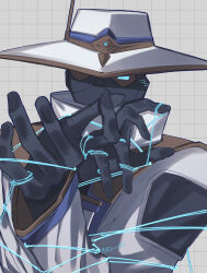 1boy animification blue_eyes cypher_(valorant) grey_background grid_background hat highres jacket looking_at_viewer male_focus mask nanana_(syoki0916) portrait solo thread valorant white_hat white_jacket