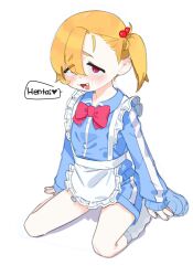 1boy 1girl apron blonde_hair bow bowtie chi-iz english_text fang hair_bobbles hair_ornament heterochromia highres jersey_maid maid maid_apron medium_hair original side_ponytail simple_background sitting unconventional_maid wariza white_background