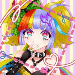 1girl blonde_hair blue_hair breasts festibattle grey_hair heart heart-shaped_pupils highres jack_the_ripper_(monster_strike) monster_strike multicolored_hair symbol-shaped_pupils