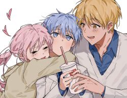 1girl 2boys absurdres blonde_hair blue_eyes blue_hair blush closed_eyes coat cup disposable_cup drink drinking_straw drinking_straw_in_mouth ear_piercing expressionless green_hoodie heart highres hood hood_down hoodie hug kise_ryouta kuroko_no_basuke kuroko_tetsuya long_sleeves mcdonald&#039;s momoi_satsuki multiple_boys open_mouth piercing pink_hair school_uniform simple_background smile sweater_vest vanilla_kurx17 white_background white_coat white_sweater_vest yellow_eyes