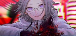 1boy aotsuki_eito black_gloves blood blood_splatter blurry blurry_background commentary english_commentary glasses gloves grey_hair highres holding holding_knife jacket kawati knife looking_at_viewer male_focus mixed-language_commentary portrait purple_eyes self-harm short_hair smile solo the_hundred_line_-last_defense_academy- white_jacket