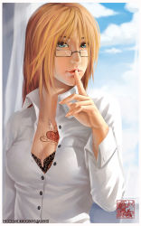 Rule 34 | 1girl, bad deviantart id, bad id, blonde hair, blue eyes, bra, bra peek, breasts, cleavage, cloud, cloudy sky, day, dress shirt, female focus, finger to mouth, fingernails, glasses, lace, lace-trimmed bra, lace trim, lingerie, lips, looking at viewer, medium breasts, original, qinni, shirt, sky, solo, tattoo, unbuttoned, underwear, watermark