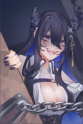 Rule 34 | 1girl, absurdres, anger vein, asymmetrical horns, black hair, black horns, black nails, black vest, blue hair, breasts, chain, cleavage, colored inner hair, dress shirt, highres, hololive, hololive english, horns, large breasts, mole, mole under eye, multicolored hair, nerissa ravencroft, nerissa ravencroft (1st costume), open door, open mouth, purple eyes, qjinator, shirt, solo, vest, virtual youtuber, white shirt