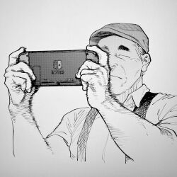 Rule 34 | 1boy, ajin (sakurai gamon), cabbie hat, closed eyes, closed mouth, cropped torso, flat cap, greyscale, handheld game console, hands up, hat, highres, holding, holding handheld game console, mature male, monochrome, motion lines, newsboy cap, nintendo switch, old, old man, sakurai gamon, satou (ajin), shirt, solo, suspenders