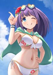 Rule 34 | 1girl, absurdres, bikini, blue eyes, blue sky, breasts, cape, cleavage, cloud, cowboy shot, eyewear on head, floral print, flower, front-tie bikini top, front-tie top, green cape, hair flower, hair ornament, hand in pocket, heart, heart-shaped eyewear, hibiscus, highres, index finger raised, large breasts, marimo (midiina), medium breasts, misora (princess connect!), navel, one eye closed, princess connect!, purple hair, side-tie bikini bottom, sky, solo, sunglasses, swimsuit, tongue, tongue out, white bikini, wristband