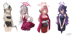 4girls absurdres aru_(blue_archive) aru_(dress)_(blue_archive) bag bare_shoulders black_bow black_choker black_dress black_flower black_hairband blue_archive blush bow breasts brown_bag cardigan choker closed_mouth demon_girl demon_horns demon_wings dress elbow_gloves flower fur_shawl gloves grin hair_bow hair_flower hair_ornament hairband hand_on_own_hip haruka_(blue_archive) haruka_(dress)_(blue_archive) highres holding holding_bag holding_own_arm horns jacket jacket_on_shoulders kayoko_(blue_archive) kayoko_(dress)_(blue_archive) kkkaneko_1360685303 multicolored_hair multiple_girls mutsuki_(blue_archive) mutsuki_(dress)_(blue_archive) official_alternate_costume official_alternate_hairstyle open_mouth pointy_ears problem_solver_68_(blue_archive) purple_dress purple_eyes purple_hair red_dress red_eyes red_hair red_jacket shawl single_wing smile two-tone_hair white_cardigan white_gloves white_hair wings yellow_eyes
