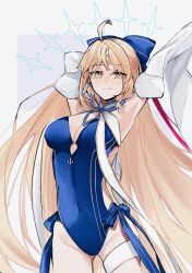 710_ao ahoge armpits artoria_caster_(fate) artoria_caster_(swimsuit_berserker)_(fate) artoria_caster_(swimsuit_berserker)_(third_ascension)_(fate) artoria_pendragon_(fate) bare_shoulders blue_one-piece_swimsuit bow breasts choker closed_mouth detached_sleeves fate/grand_order fate_(series) green_eyes hair_bow highres light_smile long_hair long_sleeves looking_at_viewer medium_breasts one-piece_swimsuit presenting_armpit ribbon simple_background smile star_(symbol) striped_clothes striped_one-piece_swimsuit swimsuit very_long_hair white_background wide_sleeves