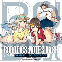 Rule 34 | 1boy, 2girls, album cover, aqua eyes, ass, asymmetrical hair, back, bare back, bikini, blonde hair, blue stripes, bra strap, breasts, brown eyes, brown hair, cleavage, collar, collarbone, copyright name, cover, crossed arms, ears visible through hair, english text, frown, hair between eyes, hair ribbon, hand on own chin, hashida itaru, headband, highres, jacket, kneehighs, koujiro frau, lace, lace panties, lapels, lying, medium breasts, multiple girls, off shoulder, official art, on side, on stomach, open clothes, open jacket, orange headband, orange panties, panties, pink panties, plump, red jacket, ribbon, robotics;notes, roller skates, shadow, shirt, shorts, side slit, side slit shorts, sidelocks, single sidelock, skateboard, skates, sleeves rolled up, small breasts, smile, smirk, socks, striped ribbon, sunglasses, swimsuit, t-shirt, tennouji nae, thighs, twintails, underwear, vertical-striped ribbon, white shirt, white socks, wristband, yellow shirt