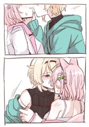 2girls absurdres alternate_costume animal_ears black_shirt blonde_hair blue_eyes blue_hoodie blush camisole commentary hakui_koyori hand_on_another&#039;s_face highres hololive hood hoodie kazama_iroha long_sleeves medium_hair multiple_girls pink_camisole pink_hair protected_link shirt short_hair symbol-only_commentary tora_(nanamiiill) virtual_youtuber white_shirt wolf_ears wolf_girl yuri