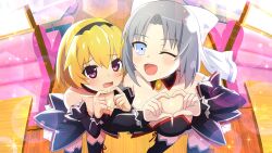 Rule 34 | 2girls, angel mort, artist request, black collar, black hairband, black leotard, black thighhighs, blonde hair, blue eyes, booth seating, breasts, cleavage, collar, crossover, detached collar, embarrassed, fang, game cg, grey hair, hair ribbon, hairband, heart, heart hands, highres, higurashi no naku koro ni, higurashi no naku koro ni mei, houjou satoko, indoors, large breasts, leaning forward, leotard, long sleeves, looking at viewer, medium breasts, medium hair, multiple girls, non-web source, official art, one eye closed, open mouth, pink eyes, ribbon, senran kagura, smile, sparkle, table, thighhighs, white ribbon, yumi (senran kagura)