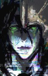 1boy arrancar black_hair bleach blood_on_hat blood_on_helmet colored_skin colored_tears crying expressionless facial_mark glitch glowing glowing_eyes green_eyes green_tears helmet highres kyezzzz looking_at_viewer male_focus portrait purple_lips slit_pupils solo streaming_tears tears ulquiorra_cifer white_skin