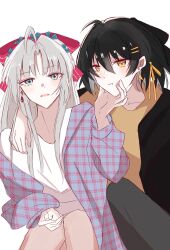 Rule 34 | 2girls, alternate costume, bellisword, black hair, carlotta (wuthering waves), earrings, female rover (wuthering waves), highres, jewelry, layered clothes, long hair, looking at viewer, multiple girls, rover (wuthering waves), short hair, simple background, upper body, white hair, wuthering waves