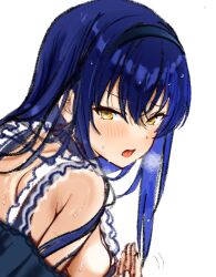 1girl back bare_shoulders black_camisole black_hairband blue_hair blush breasts breath camisole eyelashes fanning_self frilled_camisole frills from_side furrowed_brow hair_between_eyes hair_over_shoulder hairband highres hot kushima_kamome large_breasts long_hair looking_at_viewer motion_lines open_mouth sideboob simple_background solo straight_hair summer_pockets sweat upper_body white_background yellow_eyes zenoo