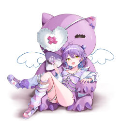 Rule 34 | 1girl, absurdres, black ribbon, blush, breasts, candy, crossed legs, detached wings, double bun, food, frilled eyepatch, hair bun, hair ornament, harness, highres, holding, holding candy, holding food, holding lollipop, jacket, kuwakuma, lollipop, long sleeves, looking at viewer, loose socks, multicolored hair, o-ring, o-ring harness, oversized object, purple hair, purple shirt, ribbon, shinomiya runa, shirt, shoes, simple background, sitting, small breasts, sneakers, socks, solo, stuffed toy, swirl lollipop, thighs, too many hair ornaments, virtual youtuber, vspo!, white background, white chemise, white jacket, wings, x hair ornament, yellow eyes