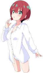 Rule 34 | 1girl, aikawa ryou, amate yuzuriha, blue eyes, blush, breasts, cleavage, collared shirt, commentary request, cropped legs, dress shirt, finger to cheek, gundam, gundam gquuuuuux, hair between eyes, hand up, highres, looking at viewer, medium breasts, panties, parted lips, red hair, shirt, short hair, simple background, solo, underwear, white background, white panties, white shirt