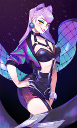 1girl blue_eyeshadow blush bracelet breasts commentary cone_hair_bun cropped_jacket earrings english_commentary evelynn_(league_of_legends) eyeshadow floating_earrings hair_bun hand_on_own_hip highres jacket jewelry k/da_(league_of_legends) k/da_all_out_evelynn league_of_legends long_hair looking_at_viewer makeup medium_breasts open_clothes open_jacket purple_hair smile solo the_baddest_evelynn victory_rolls yellow_eyes zambiie