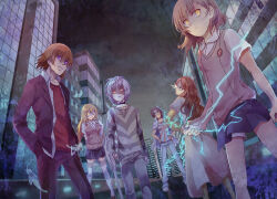 3boys 3girls accelerator_(toaru_majutsu_no_index) blonde_hair brown_hair highres kakine_teitoku misaka_mikoto mugino_shizuri multiple_boys multiple_girls shokuhou_misaki sogiita_gunha toaru_majutsu_no_index