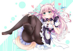 Rule 34 | 1girl, animal ear fluff, animal ears, apron, bell, black dress, black pantyhose, blush, bow, bowtie, breasts, buttons, cat ears, cat girl, cat tail, character name, cleavage, cleavage cutout, clothing cutout, commentary request, dress, floating hair, food print, fraise (nekopara), frilled apron, frilled dress, frills, fruit print, full body, fusse, gold bell, green eyes, hair bow, hand on own knee, hands up, heart, heart button, highres, jingle bell, knees together feet apart, long hair, maid, maid apron, maid headdress, nail polish, name tag, neck bell, nekopara, no shoes, panties, panties under pantyhose, pantyhose, pink bow, pink bowtie, pink hair, pink nails, print panties, puffy short sleeves, puffy sleeves, short sleeves, sidelocks, signature, simple background, sitting, sleeve bow, slit pupils, small breasts, soles, solo, strawberry panties, strawberry print, tail, thighs, underwear, very long hair, waist apron, waitress, wavy hair, white apron, white background, white bow, white panties, white wrist cuffs, wrist cuffs