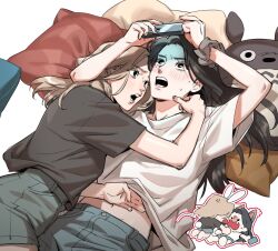 2girls animal_ears black_eyes black_shirt blonde_hair blush brown_hair cellphone chibi chibi_inset cho_mi-yeon commentary cuddling denim denim_shorts fang g-i-dle gracepago0314 hand_on_another&#039;s_stomach highres holding holding_phone long_hair looking_at_another lying multiple_girls on_back open_mouth phone pillow rabbit_ears real_life scrunchie shirt short_sleeves shorts simple_background smartphone sweatdrop tonari_no_totoro totoro white_background white_shirt wrist_scrunchie yeh_shuhua yuri