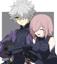 1boy 1girl absurdres armor arms_behind_back bare_shoulders black_armor black_gloves blush border capelet closed_eyes commentary_request crossed_arms fate/grand_order fate_(series) galahad_(fate) gloves grey_background grey_hair hair_over_one_eye height_difference highres knight lanpohantong mash_kyrielight one_eye_covered open_mouth outside_border pink_hair purple_capelet simple_background smile spiked_hair teeth upper_teeth_only white_border yellow_eyes