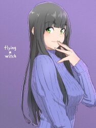 1girl absurdres black_hair blue_sweater blunt_bangs breasts closed_mouth copyright_name film_grain fingers_to_mouth flying_witch green_eyes hand_to_own_mouth highres ishizuka_chihiro kowata_makoto large_breasts long_hair looking_at_viewer official_art purple_background ribbed_sweater solo sweater turtleneck turtleneck_sweater upper_body