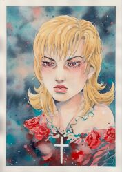 1girl absurdres bare_shoulders blonde_hair commentary cross english_commentary eyelashes flower flower_ornament highres jewelry jojo_no_kimyou_na_bouken long_hair lucy_steel necklace painting_(medium) pink_lips portrait red_eyes red_flower red_rose rose solo steel_ball_run traditional_media watercolor_(medium) xfkart