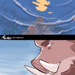 1boy boar_boy bright_pupils cilohnoino furry furry_male male_focus moon original red_eyes reflection reflective_water ripples sad solo translation_request tusks white_pupils