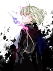 1boy ahoge androgynous bad_source black_background black_jacket colored_eyelashes dress_shirt earrings eyes_visible_through_hair fire from_behind green_hair hair_over_one_eye highres jacket jewelry leather leather_jacket ligton1225 lio_fotia looking_up male_focus medium_hair nose parted_bangs parted_lips promare purple_eyes purple_fire shirt simple_background solo two-tone_background upper_body white_background white_shirt wind
