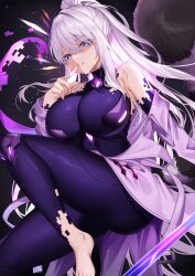 1girl absurdres barefoot blue_eyes blush bodystocking breasts bright_pupils character_request cleavage commission deogho_(liujinzy9854) dungeon_and_fighter eyes_in_shadow grey_hair highres large_breasts long_hair long_sleeves off_shoulder ponytail purple_shirt raccoon_tail see-through_cleavage see-through_clothes shadow shirt tail very_long_hair white_pupils