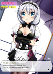 1girl alternate_costume apron black_dress black_gloves blue_eyes cosplay detached_collar dress english_text enmaided female_focus frilled_apron frills gloves hair_between_eyes hair_over_shoulder heads-up_display highres honkai_(series) honkai_impact_3rd low_ponytail maid maid_apron maid_headdress pantyhose ponytail puffy_short_sleeves puffy_sleeves rita_rossweisse rita_rossweisse_(cosplay) rita_rossweisse_(umbral_rose) rita_rossweisse_(umbral_rose)_(cosplay) sheita short_dress short_sleeves shrug_(clothing) sidelocks silver_hair solo theresa_apocalypse user_interface waist_apron white_apron