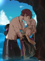 Rule 34 | 1boy, 1girl, atelier (series), atelier lulua, bikini, blonde hair, blue sky, borrowed clothes, brown hair, cliff, closed eyes, cloud, commentary request, day, ficus finis, ficus finis (coastal trickster), from side, hand on another&#039;s arm, hetero, jewelry, karasumi (aiseec), kiss, long hair, necklace, ocean, official alternate costume, outdoors, piana (atelier), piana (vivid two-color) (atelier), polka dot, polka dot bikini, profile, short hair, sky, standing, strap pull, swimsuit, topless male, wading, water
