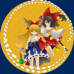 2girls bandages bare_shoulders barefoot black_hair bow brown_horns carrying carrying_person chain chest_sarashi cube detached_sleeves gohei hair_bow hakurei_reimu holding holding_gohei horn_ornament horn_ribbon horns ibuki_suika in_palm looking_at_viewer lowres midriff mo-musu multiple_girls oni orange_hair orb pyramid_(geometry) red_bow red_eyes red_skirt ribbon ribbon_trim sarashi skirt touhou two-tone_skirt