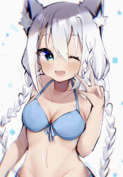 animal_ear_fluff animal_ears bare_shoulders bikini blue_bikini blue_eyes blush braid breasts cleavage fox_ears front-tie_bikini_top front-tie_top hair_between_eyes heart highres hololive kiri_y long_hair looking_at_viewer medium_breasts navel one_eye_closed open_mouth shirakami_fubuki shirakami_fubuki_(hololive_summer_2019) side_braid simple_background smile stomach swimsuit twin_braids twitter_username v virtual_youtuber white_background white_hair