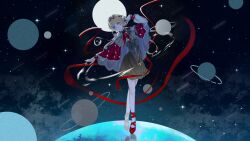 1girl absurdres ankle_ribbon arm_up backlighting ballet_slippers blonde_hair blue_eyes braid braided_bangs brown_dress cloak collared_dress crossed_legs dress full_body gexing highres kiperina leaning_to_the_side leg_ribbon long_hair looking_to_the_side low_ponytail neckerchief planet ponytail red_cloak red_neckerchief red_ribbon red_shoes reverse:1999 ribbon shoes short_dress smile solo standing star_(sky) starry_sky_background tiptoes