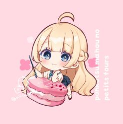 1girl :&gt; ahoge black_shoes blonde_hair blue_eyes blue_ribbon blue_sailor_collar blue_skirt blush braid closed_mouth commentary_request food full_body holding long_hair looking_at_viewer macaron neck_ribbon original pink_background plaid_clothes plaid_skirt ribbon rino_cnc romaji_text sailor_collar school_uniform serafuku shirt shoes short_sleeves simple_background skirt socks solo twitter_username very_long_hair white_shirt white_socks