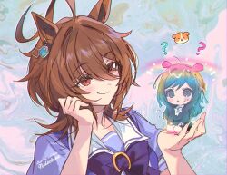 2girls ? abstract_background agnes_tachyon&#039;s_trainer agnes_tachyon_(umamusume) ahoge animal_ears artist_name black_eyes black_hair black_jacket black_skirt blue_ribbon bow bowtie brown_hair chemical_structure closed_mouth commentary_request confused earrings female_trainer_(umamusume) full_body guinea_pig guinea_pig_girl hair_between_eyes hair_ribbon head_rest holding holding_mini_person huge_ahoge jacket jewelry kemonomimi_mode long_hair mini_person minigirl multiple_girls puffy_short_sleeves puffy_sleeves purple_bow purple_bowtie purple_shirt red_eyes ribbon sailor_collar sailor_shirt seiza shirt short_sleeves sitting skirt smile trainer_(umamusume) umamusume umamusume:_beginning_of_a_new_era upper_body welchino wolf_cut