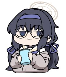 1girl black-framed_eyewear black_hair blue_archive blue_eyes blue_hairband blue_ribbon chibi closed_mouth commission cropped_torso cup glasses grey_jacket hair_ribbon hairband halo holding holding_cup jacket jitome long_hair long_sleeves low_twintails mug nyaru_(nyaru_4126) off_shoulder puffy_long_sleeves puffy_sleeves ribbon sailor_collar shirt simple_background skeb_commission sleeves_past_wrists solo twintails ui_(blue_archive) upper_body very_long_hair white_background white_sailor_collar white_shirt