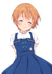 1girl arms_behind_back badge blue_dress blush button_badge closed_eyes closed_mouth dress facing_viewer highres hoshizora_rin love_live! love_live!_school_idol_project orange_hair pinafore_dress sen_(sen0910) shirt short_hair short_sleeves simple_background sleeveless sleeveless_dress smile solo standing white_background white_shirt