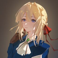 1girl ascot blonde_hair blue_eyes blue_jacket bolo_tie braid brooch brown_background brown_gloves center-flap_bangs commission expressionless gem gloves green_brooch green_gemstone hair_between_eyes hair_intakes hair_ribbon half_crown_braid hand_up highres jacket jewelry looking_at_viewer parted_lips portrait red_ribbon ribbon sidelocks simple_background solo updo violet_evergarden violet_evergarden_(series) weifengbai white_ascot