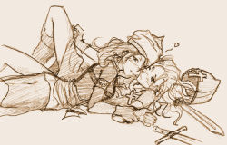 2girls armor artist_request blush christian christianity cross cross_necklace crusader_(ragnarok_online) crusades female_focus heart helmet islam jewelry knee_up knight long_hair looking_at_another looking_at_viewer lying multiple_girls muslim necklace on_floor on_stomach original simple_background sword weapon yuri